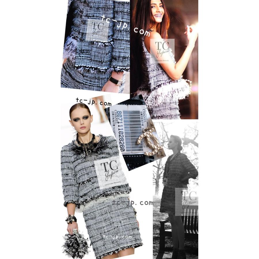 シャネル スカート CHANEL 60万 限定品 ブラック ホワイト グレー オーストリッチ 本物 フェザー 羽 コットン ツイード 貴重 超美品 36の画像