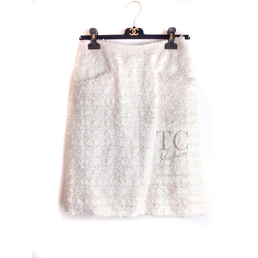 シャネル スカート CHANEL アイボリー スパコール 美人見え ルサージュ ツイード カール・ラガーフェルド作 超美品 42 44の画像