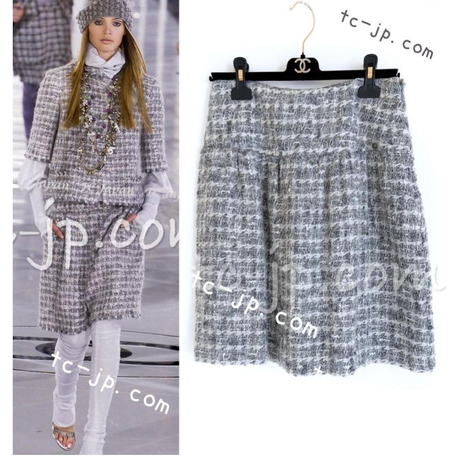シャネル スカート CHANEL グレー シルバー ふんわり ウール カシミヤ ツイード ランウェイ登場 カール・ラガーフェルド 美品 36 38の画像