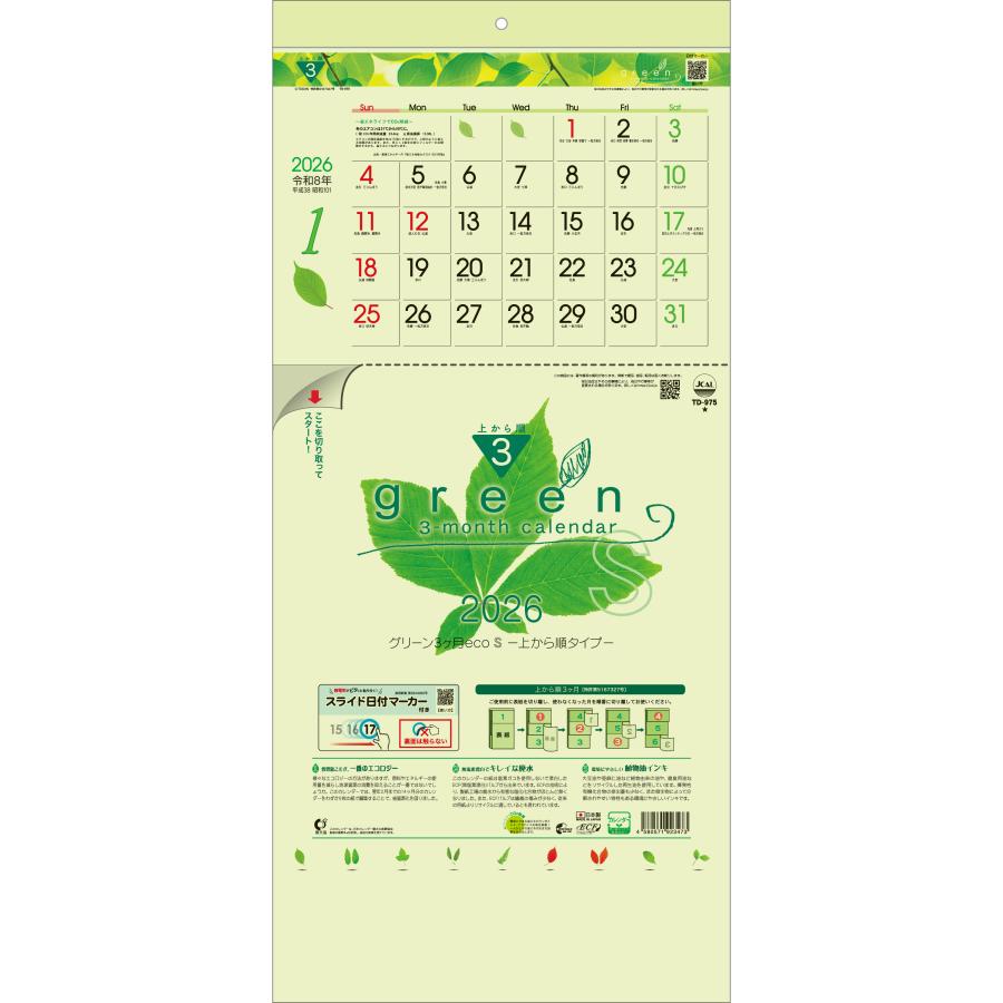 トーダン 2026年 カレンダー 壁掛け グリーン3ヶ月ecoS（上から順