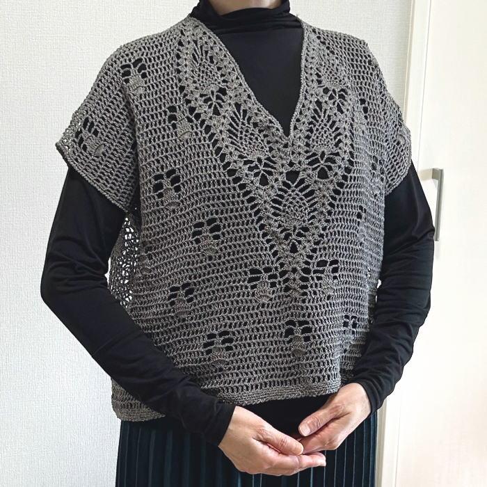 ●編み針セット● 毛糸 夏糸 モロッコで編むパイナップル模様が素敵なＶネックのプルオーバー 編み物キット｜teamiohenya｜06