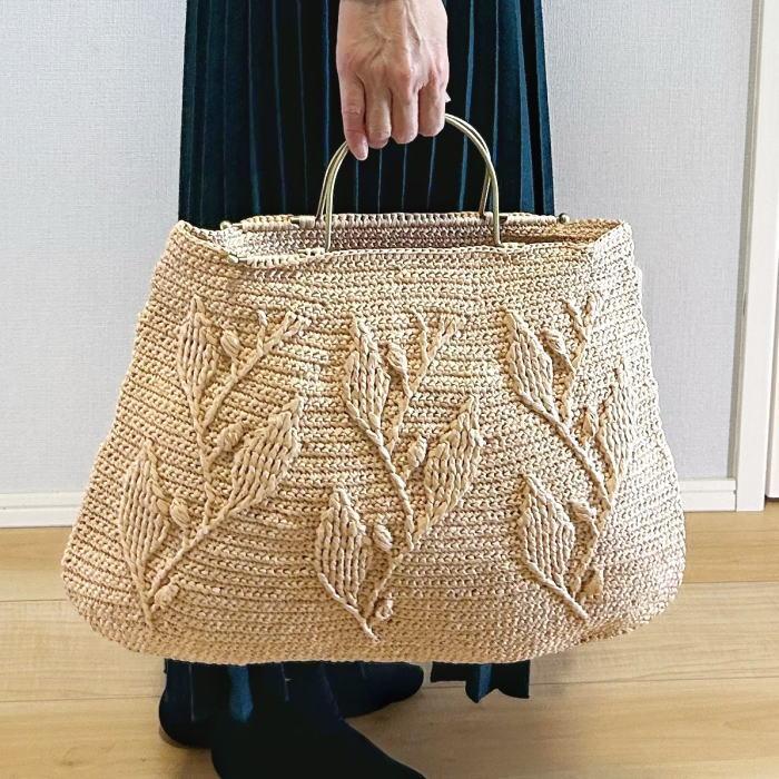 ●編み針セット 春夏毛糸 エコアンダリヤで編む編みつける持ち手を使ったリーフ柄のバッグ 編み物キット_3