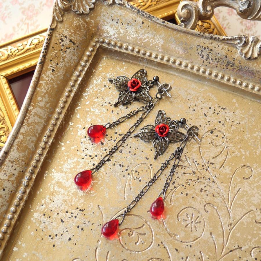 薔薇 蝶 ピアス ドロップ クリスタル ゴスロリ レディース 赤 紫 青  