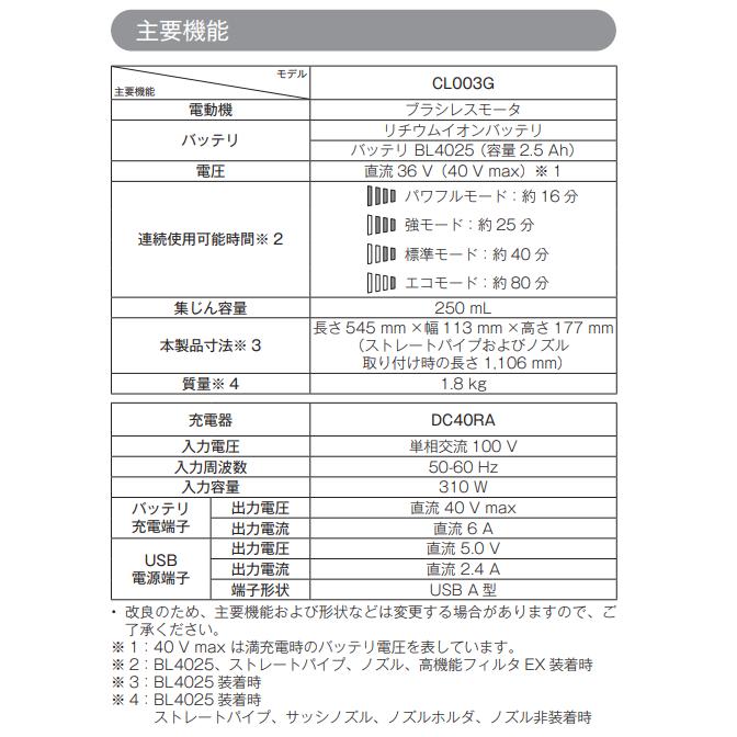 マキタ CL003GZW + BL4025 40V 充電式クリーナ  本体+2.5Ahバッテリー1本の画像