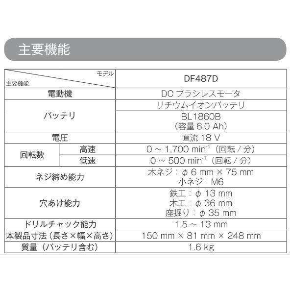 2個セット マキタ 18V BL1860B 大容量 6.0Ah 互換バッテリー マキタ DF487DRGX 18V 充電式ドライバドリル 本体+6.0Ah
