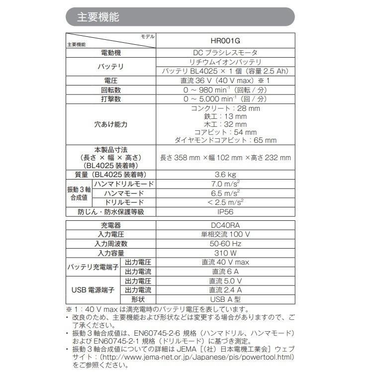 マキタ HR001GRDX (注意　バッテリー1本仕様） 40V 充電式ハンマドリル 　本体+2.5Ahバッテリー1本+充電器(DC40RA)+ケース　｜techno-k｜02