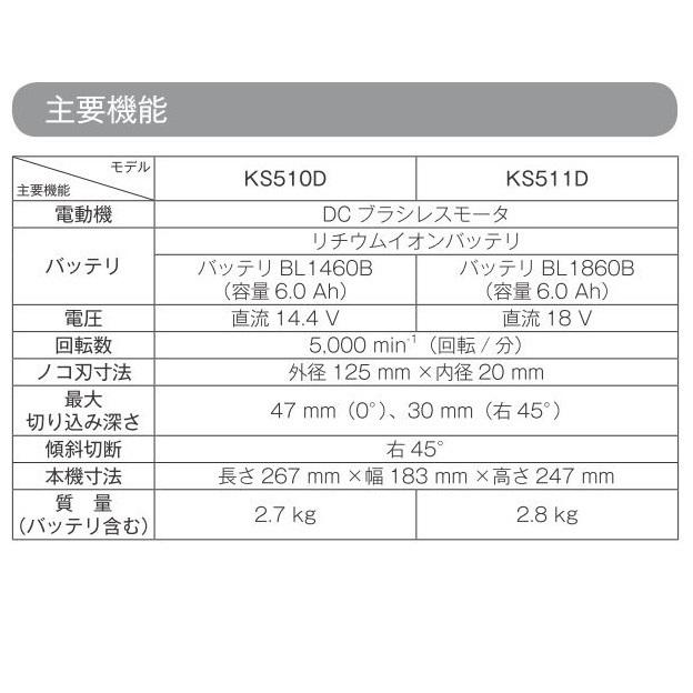 マキタ KS511DZ + BL1860B + DC18RF　18V 防じんマルノコ 　本体+6.0Ahバッテリー×1本+充電器　( KS511DRGX )｜techno-k｜02