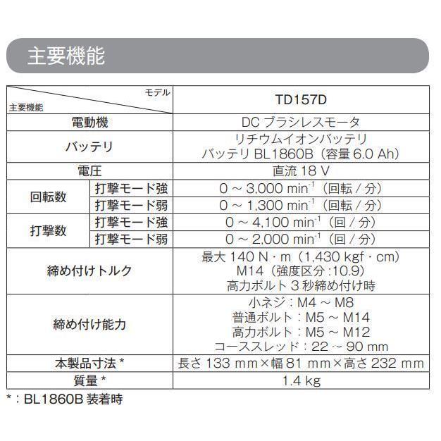マキタ 注意 マキタ TD157DZ + BL1860B 18Vインパクトドライバー マキタ 注意 マキタ TD157DZ + BL1860B 18Vインパクトドライバー