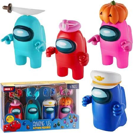 Among Us Action Figures | All Four 4.5-Inch-Tall Collectibles | Among Us Toys and Playable Mini Toys | Red， Pink， and Cyan Crewmates and Blue Ghost wi_1