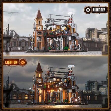 FUNWHOLE 鉄道駅照明ビルディングブロックセット - スチームパンクLEDライト組み立てセット 1843ピース 大人とティーン向け