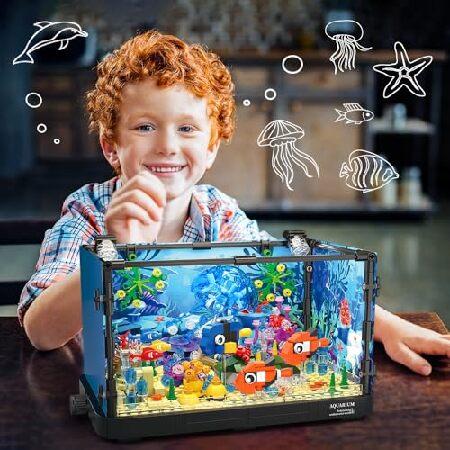 HOGOKIDS 水槽ビルディングセット LEDライト付き 725個 水族館 可動クラゲの魚の積み木付き | クリエイティブな動物 海洋生物 おもちゃ 水中世界ギフト 男の子_3