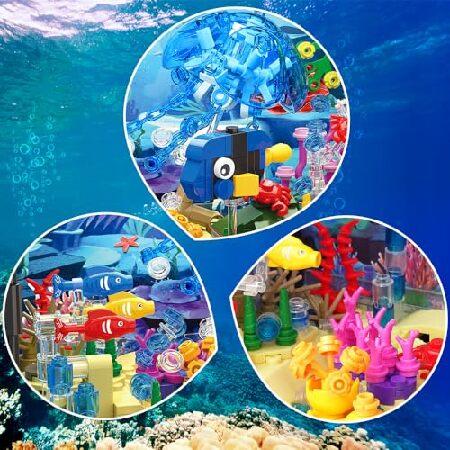 HOGOKIDS 水槽ビルディングセット LEDライト付き 725個 水族館 可動クラゲの魚の積み木付き | クリエイティブな動物 海洋生物 おもちゃ 水中世界ギフト 男の子_5