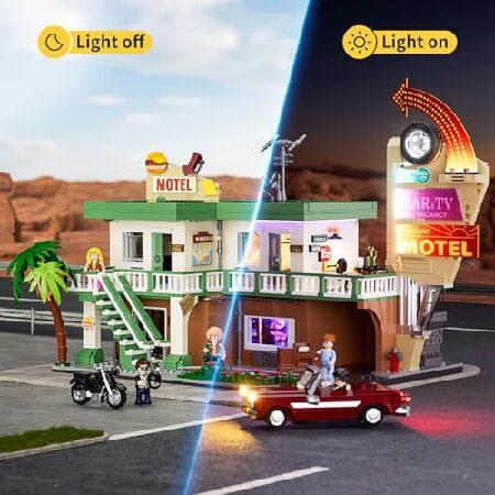 FUNWHOLE シティ 車 ホテル 照明 ビルディング レンガセット - ロードトリップモジュラー トワイライト モーテルコレクション LEDライト 車とオートバイの組み立