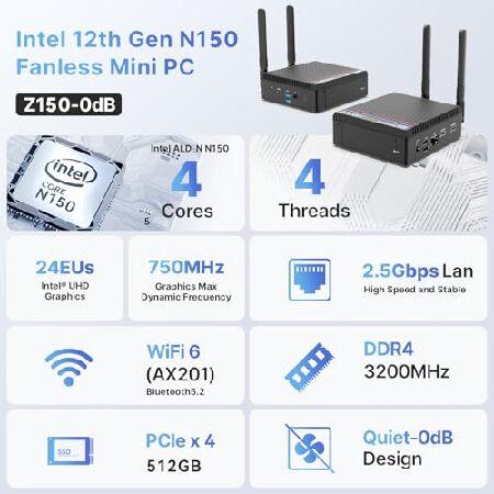 MINIX Z150-0dB Fanless Mini PC, Intel N150, 16GB DDR4, 512GB M.2