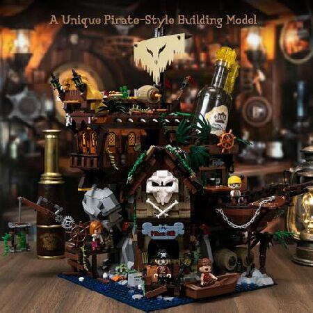 PANTASY Pirate Pub 組み立てキット - モジュラー難破船居酒屋建築デッキ テラスバー、ラムボトル、海賊フィギュア付き - 大人とコレクターのためのクリエイティ_5