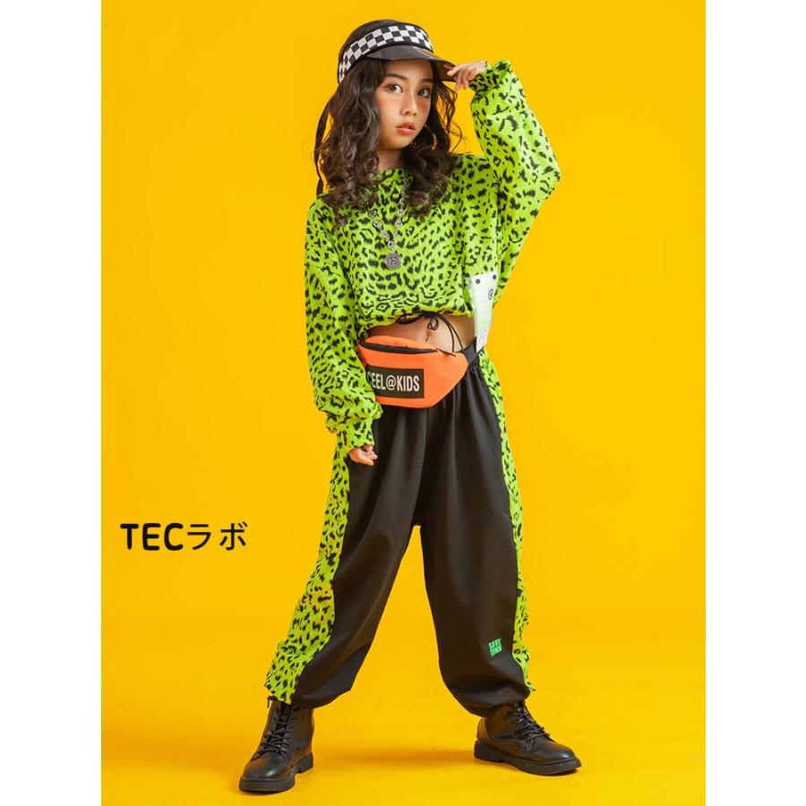 ヒョウ柄 トップス へそ出し キッズ ダンス衣装 女の子 蛍光緑
