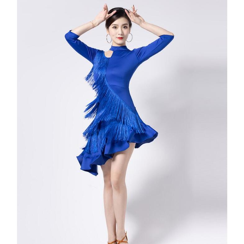 ラテンワンピース ZYM ライトブルー フリンジ付き 社交ダンスドレス L