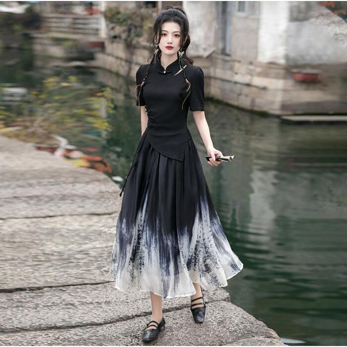 レディース古典チャイナtシャツ 黒チャイナ風トップス 半身スカート  