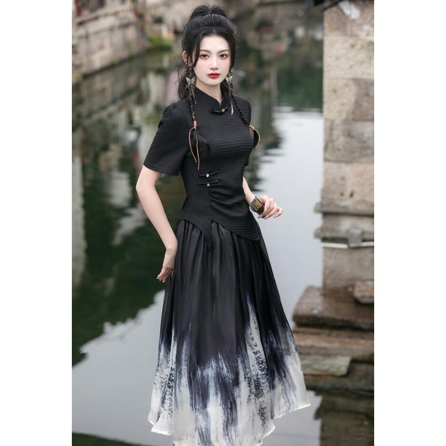 レディース古典チャイナtシャツ 黒チャイナ風トップス 半身スカート  