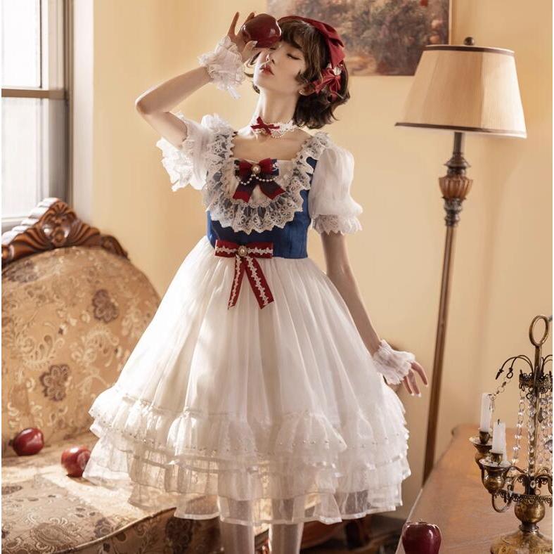 半袖 ロリータ ワンピース お姫系 ドレス ミドル丈 ミモレ丈 裾レース  