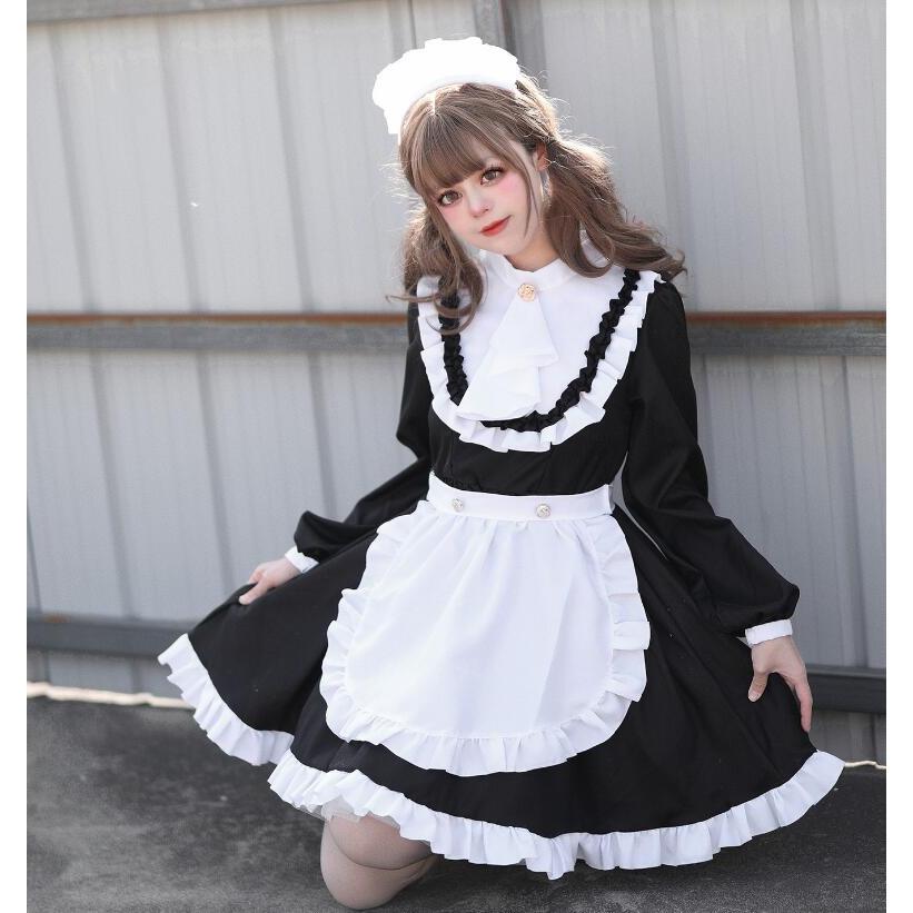長袖 メイド服 メイドコスプレ 重ね着風 フリル付き 立ち襟 長袖 メイド服 メイドコスプレ 重ね着風 フリル付き 立ち襟