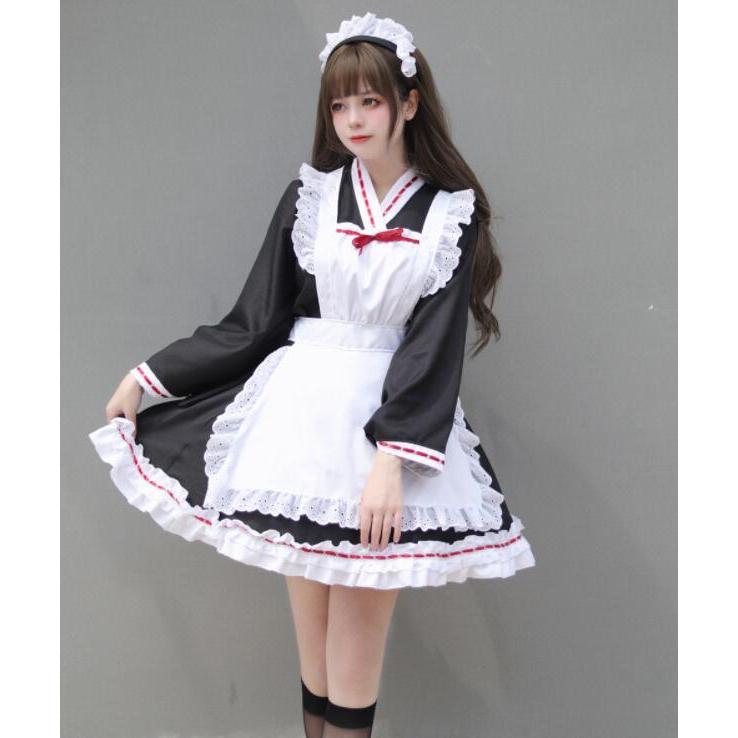 メイド服 改良 着物 和物ドレス 長袖 和風 メイドコス 膝丈 メイド服 改良 着物 和物ドレス 長袖 和風 メイドコス 膝丈