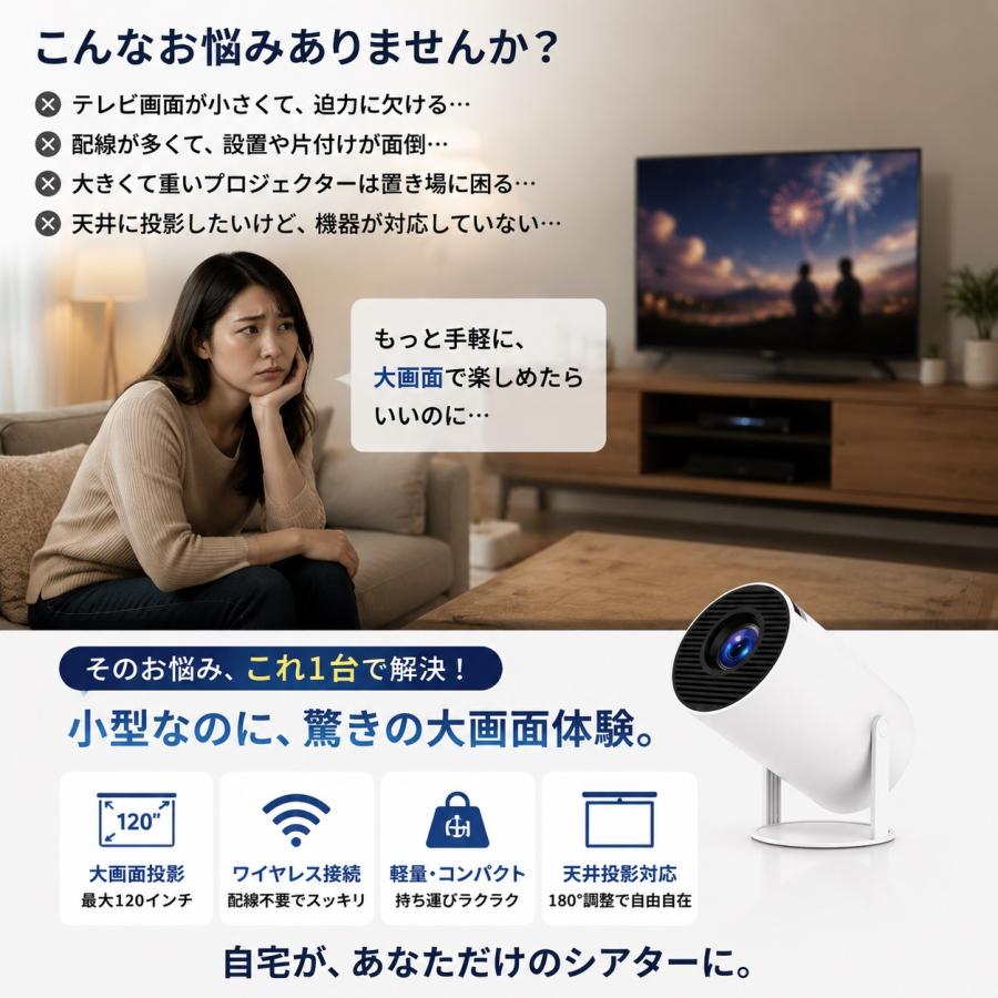 プロジェクター 小型 家庭用【天井投影対応】180°回転 Android TV搭載 Netflix・YouTube対応 スマホ接続 Wi-Fi 6 1080P対応 4K入力対応 無線接続 Type-C |  | 01