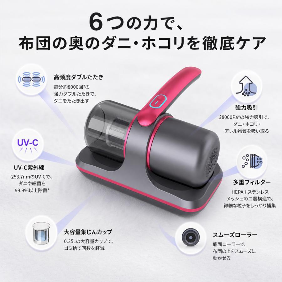 布団クリーナー 38000pa 強力吸引力 ダニ取り掃除機 ベッド掃除機 布団