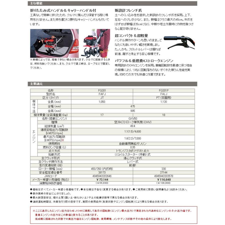 ホンダ ガソリンエンジン耕うん機 プチな FG201 車軸ロータリー式