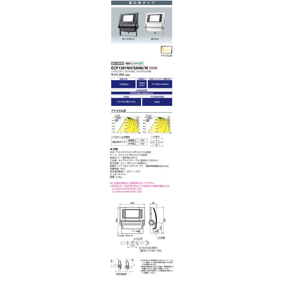 :.★送料無料 岩崎電気 ECF1391NH/SAN8/W (ECF1391NHSAN8W) (レディオック フラッド ネオ) 130クラス 超広角タイプ ナトリウム色タイプ