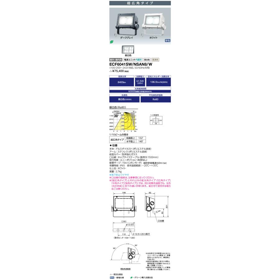 岩崎電気 ECF6041SW/NSAN8/W LEDioc FLOOD NEO 60クラス 超広角タイプ 昼白色タイプ 高演色タイプ (ECF6041SWNSAN8W) 受注生産品