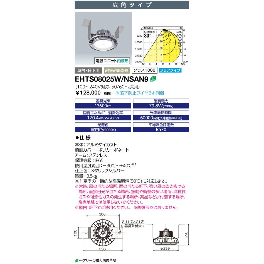 岩崎電気　EHTS08025W/NSAN9　LEDioc HIGH-BAY θ 耐振耐衝撃形 80W 水銀ランプ250W・300W／メタルハライドランプ250W相当 （EHTS08025WNSAN9）