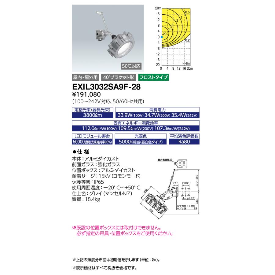 岩崎電気　EXIL3032SA9F-28　レディオック 防爆形LED高天井照明器具 水銀灯 250W相当 40°ブラケット形 フロストタイプ ハブ寸法28　(EXIL3032SA9F28)