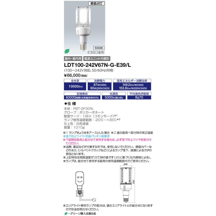 送料無料 岩崎 LDT100-242V67N-G-E39/L (LDT100242V67NGE39L) LEDライトバルブK 67W (昼白色) 〈E39口金〉 水銀ランプ250W相当 エリアライト専用｜tekarimasenka