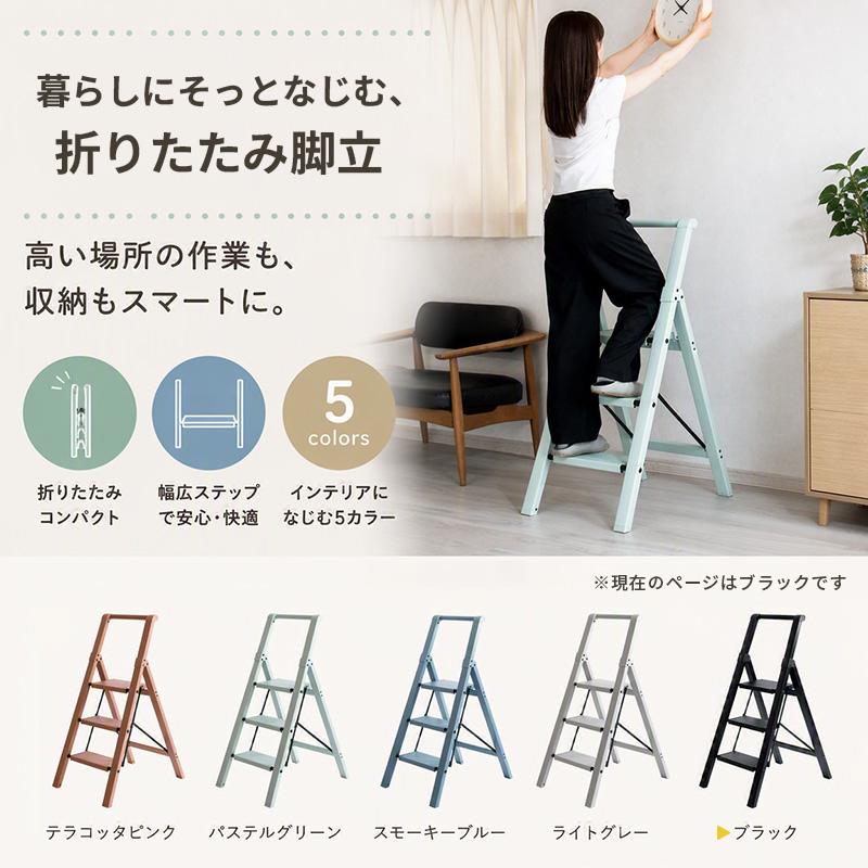 脚立 3段 ステップラダー ブラック 手すり付き 軽量 コンパクト 折りたたみ 省スペース設計 おしゃれ WEB企画品 L-0303-BK★ | ブランド登録なし | 01