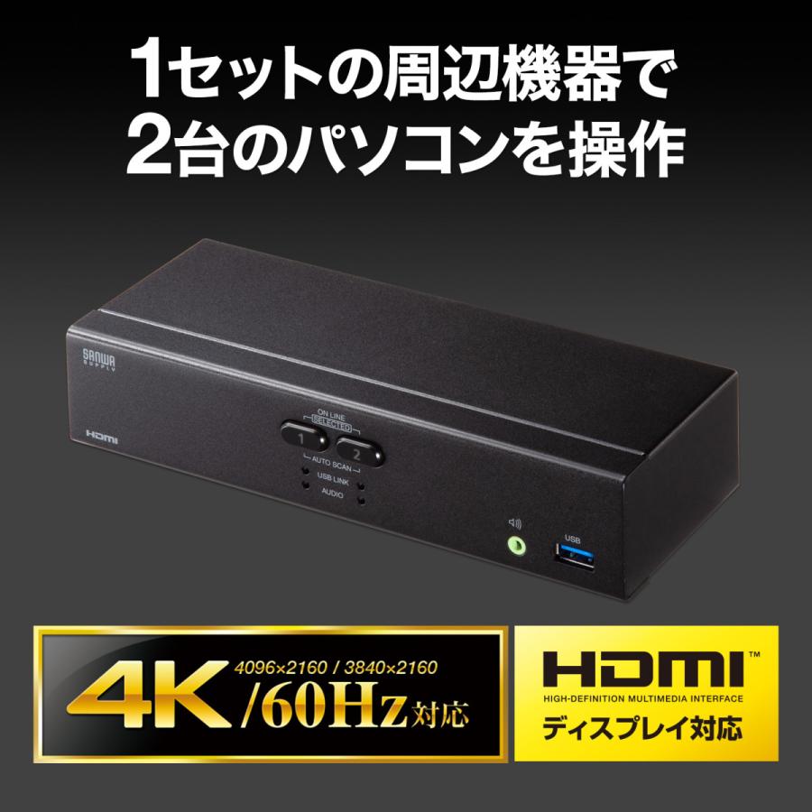 4K対応HDMIパソコン自動切替器(2:1) SANWA SUPPLY (サンワサプライ) SW-KVM2U3HDの画像