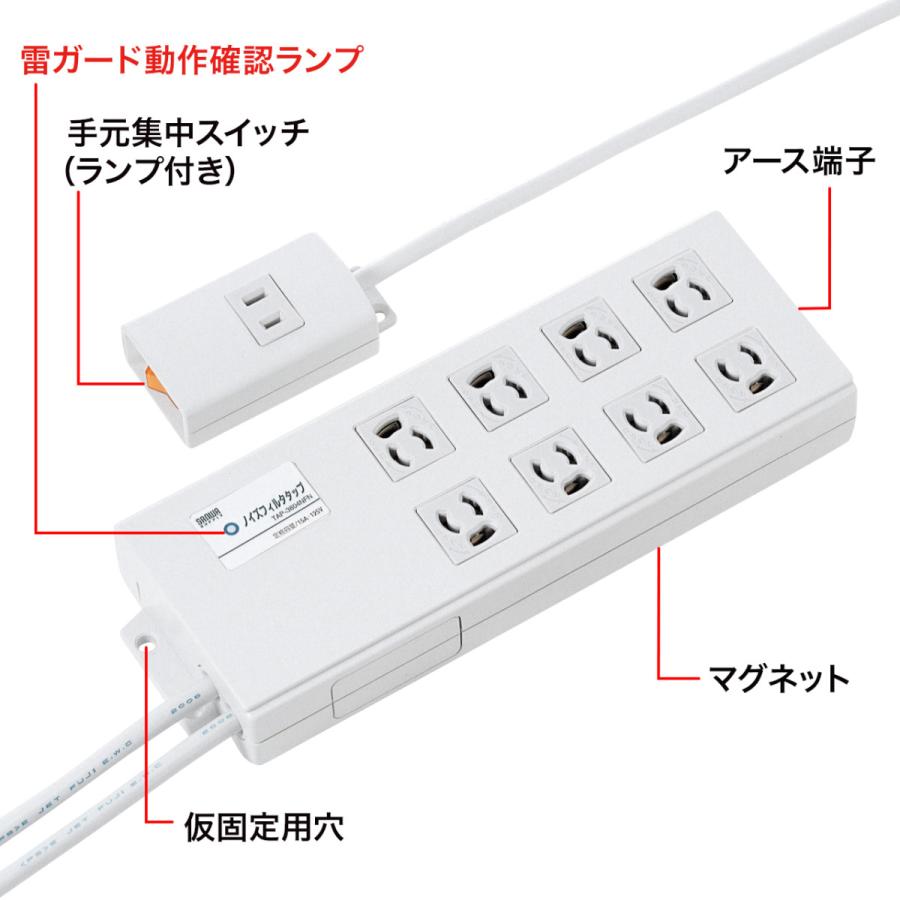 抜け止め付きノイズフィルタタップ 手元集中スイッチ付き 3P8個口 3Pコードタイプ SANWA SUPPLY (サンワサプライ) TAP-3804NFN_1