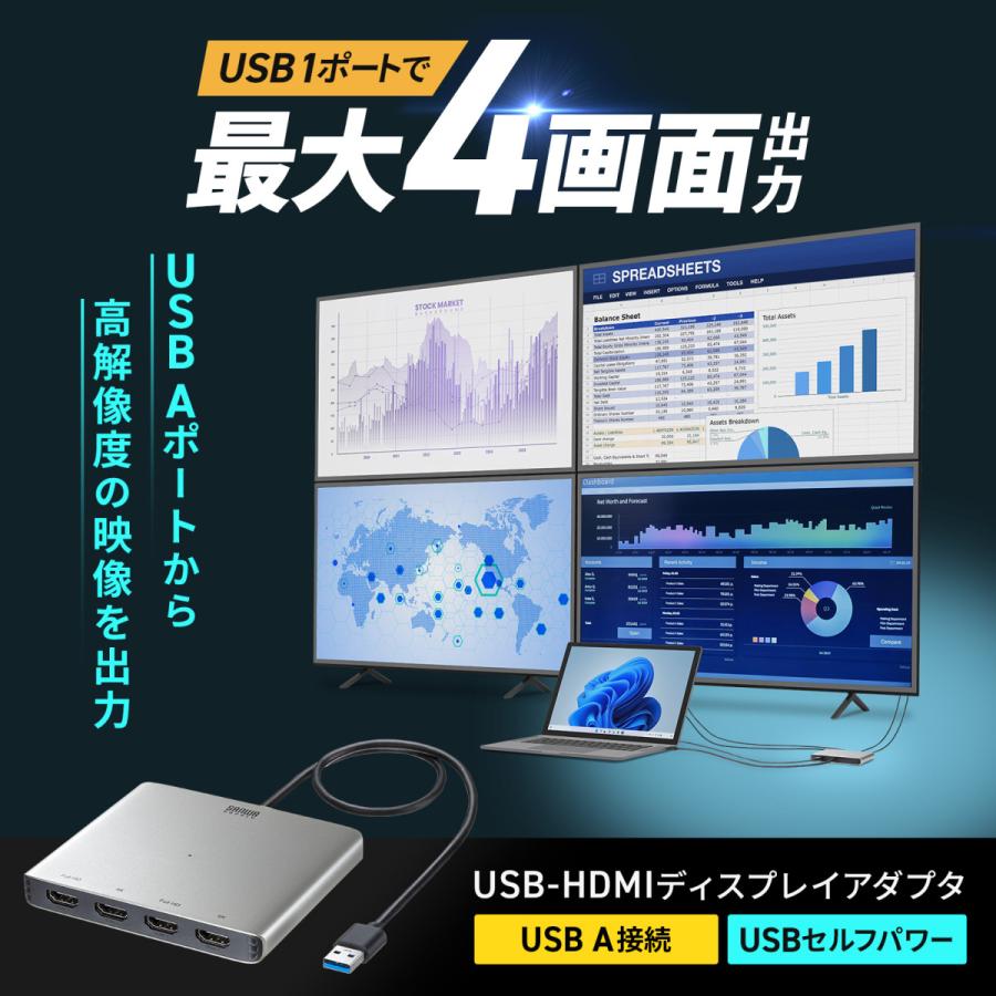 USB-HDMIディスプレイアダプタ(4K対応・4画面出力) SANWA SUPPLY (サンワサプライ) USB-CVU3HD7の画像