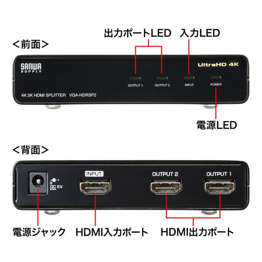 4K/60Hz・HDR対応HDMI分配器(2分配) SANWA SUPPLY (サンワサプライ) VGA-HDRSP2｜telaffy｜02
