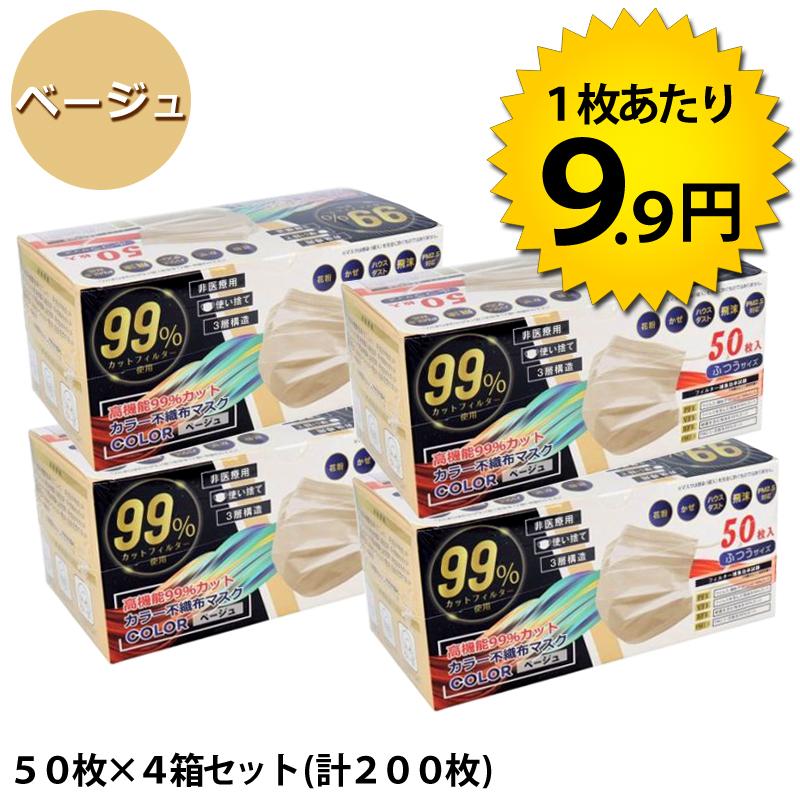 1枚あたり9.9円』カラー不織布マスク ベージュ 200枚入り(50枚