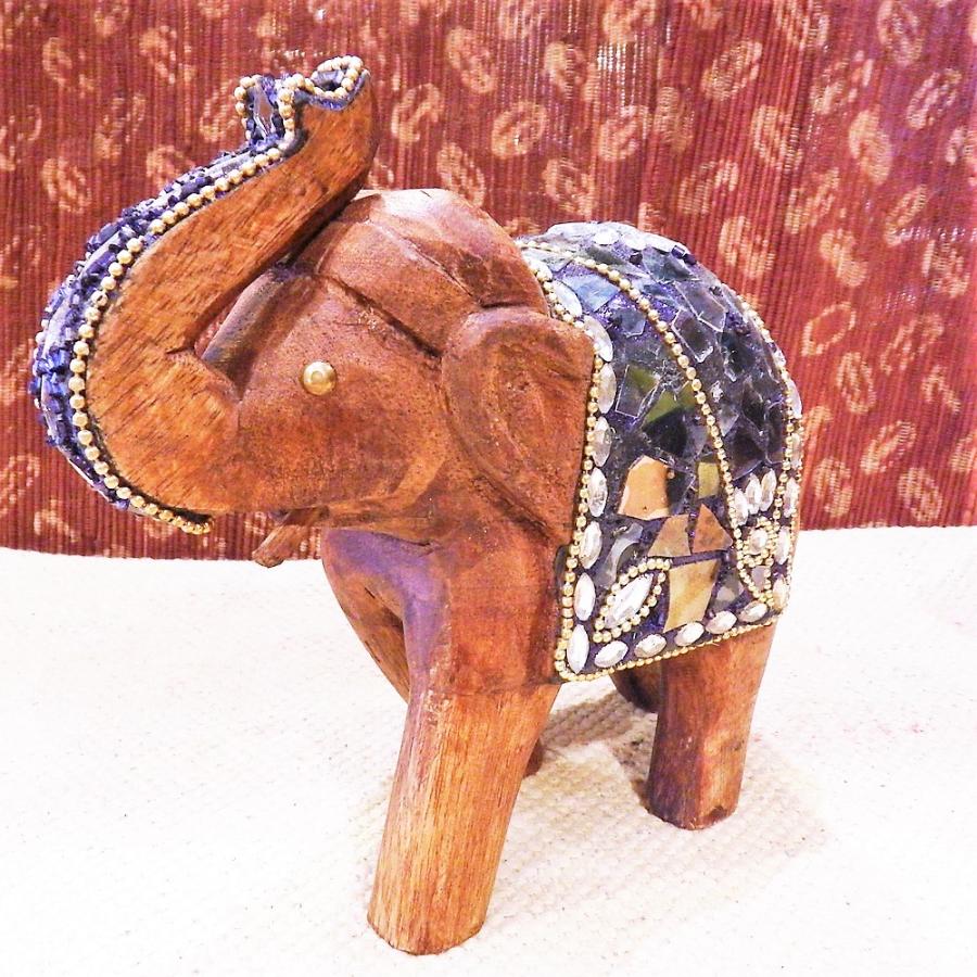 ゾウ 置物 木製 ビーズ ガラス 綺麗 インド アジアン オブジェ