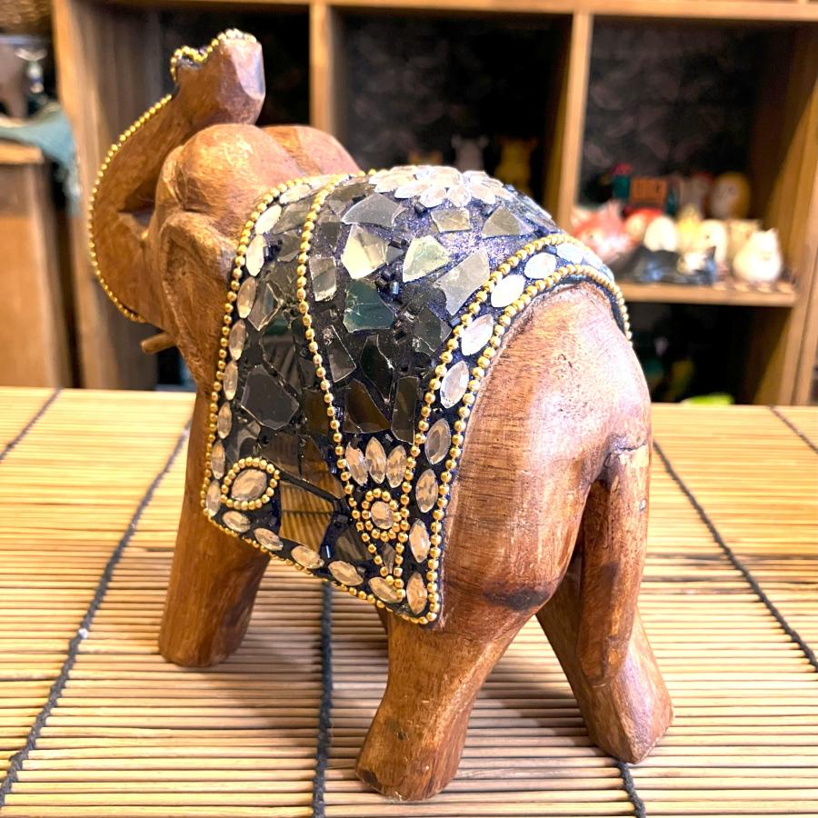 ゾウ 置物 木製 ビーズ ガラス 綺麗 インド アジアン オブジェ 象