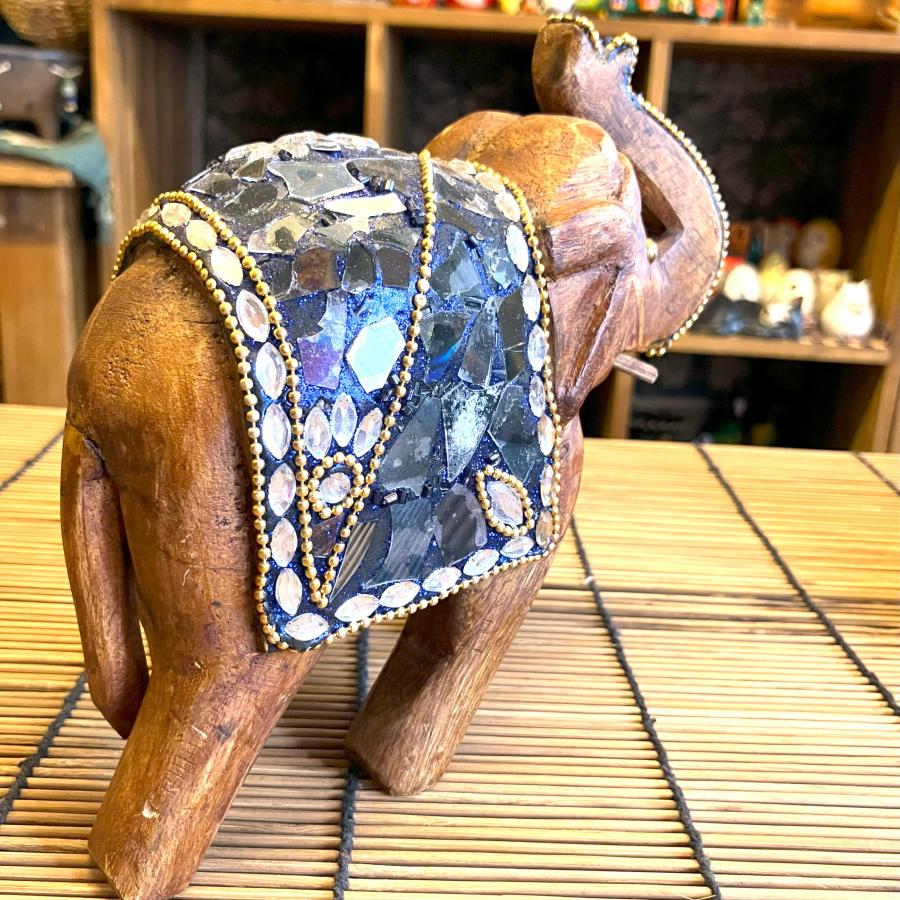 ゾウ 置物 木製 ビーズ ガラス 綺麗 インド アジアン オブジェ 象
