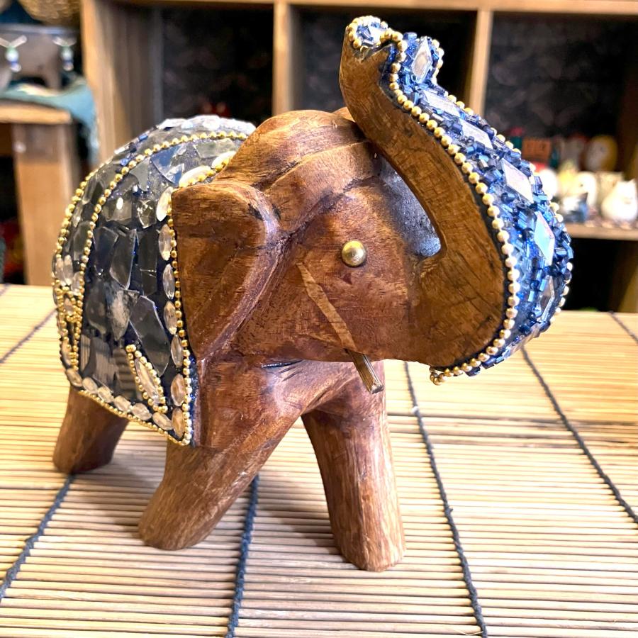 ゾウ 置物 木製 ビーズ ガラス 綺麗 インド アジアン オブジェ 象