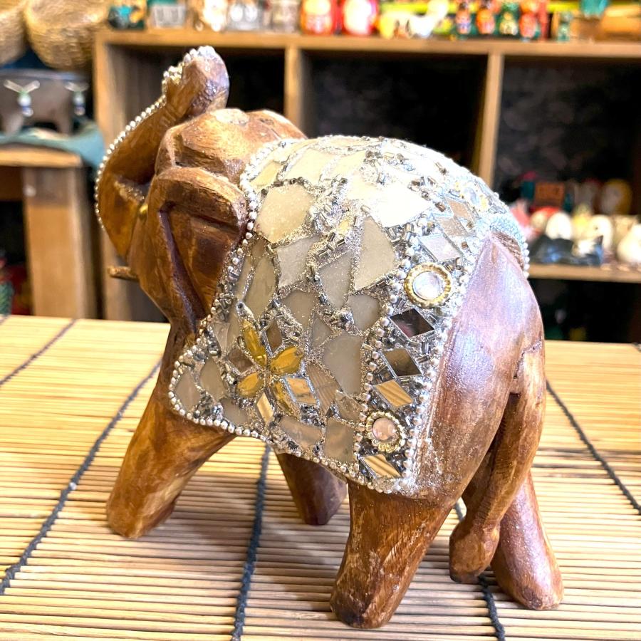 ゾウ 置物 木製 ビーズ ガラス 綺麗 インド アジアン オブジェ 象 