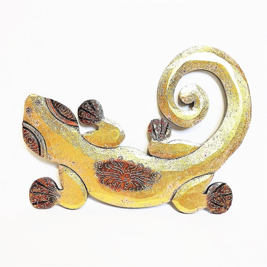 ヤモリ 壁掛け エスニック ボード 木製 縁起 インドネシア製 ゲコパネル Sサイズ ゴールド | 