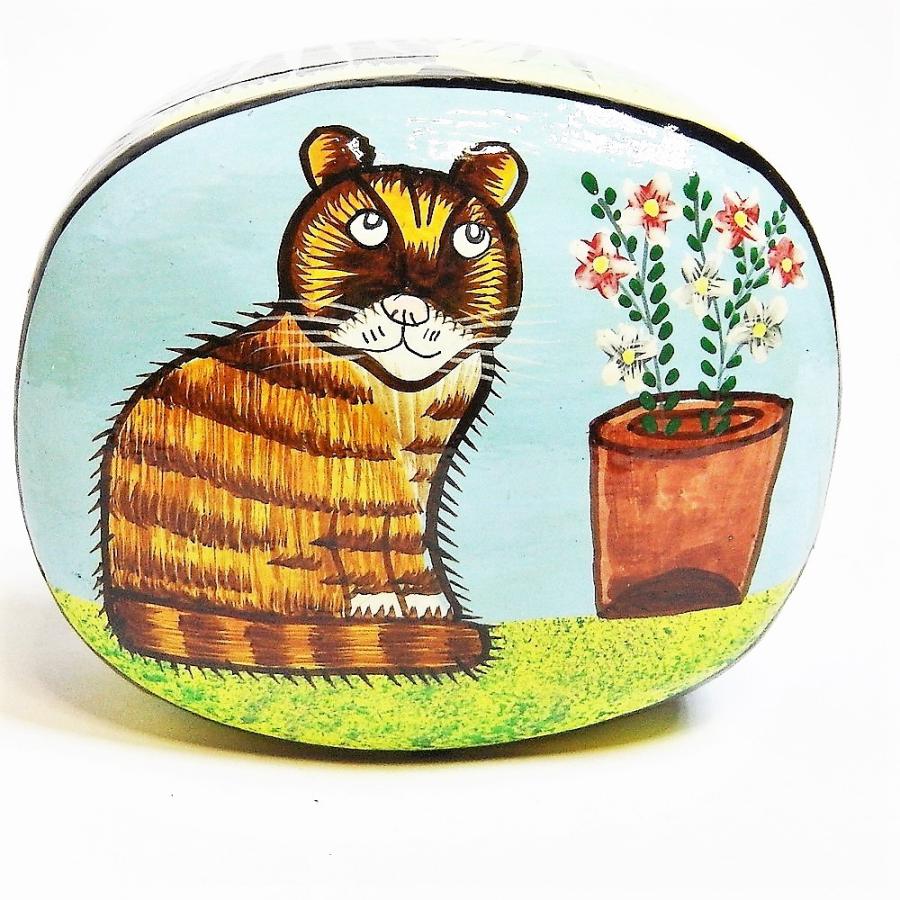 BOX ペーパーマッシュ ネコ 小物入れ 可愛い 花と猫 インド 手作り Mサイズ | 