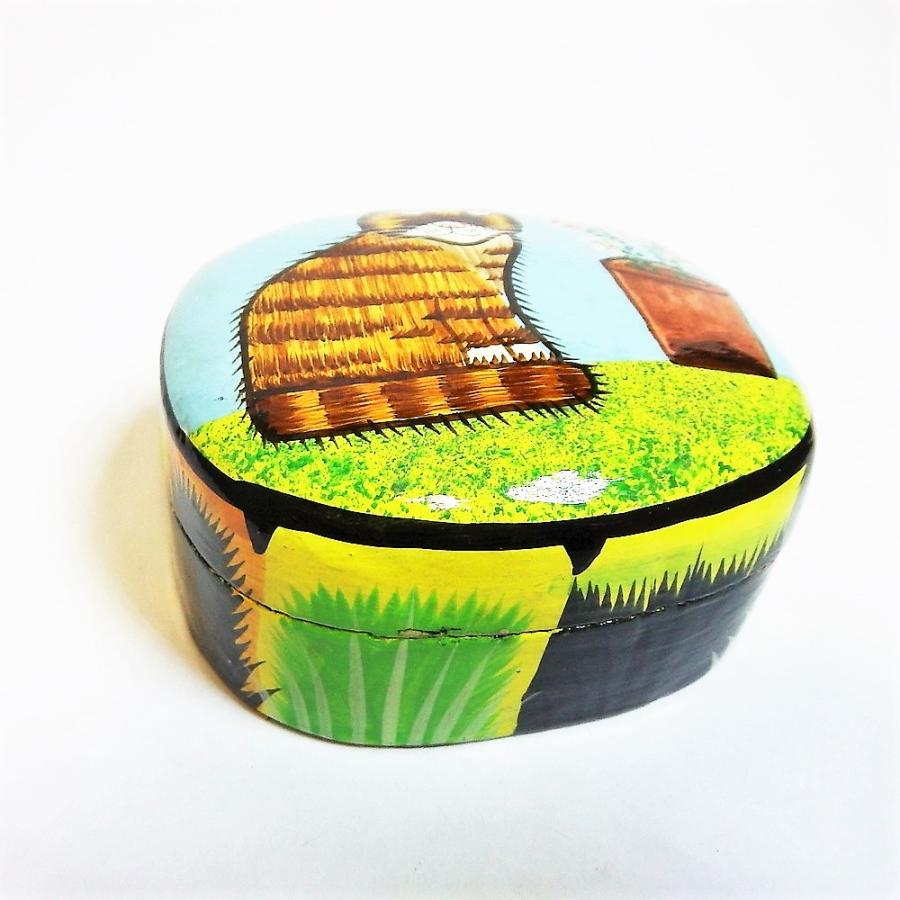 BOX ペーパーマッシュ ネコ 小物入れ 可愛い 花と猫 インド 手作り Mサイズ |  | 01