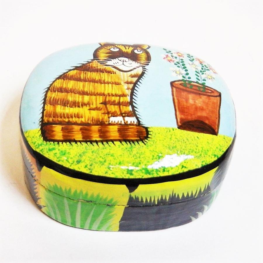 BOX ペーパーマッシュ ネコ 小物入れ 可愛い 花と猫 インド 手作り Mサイズ |  | 03