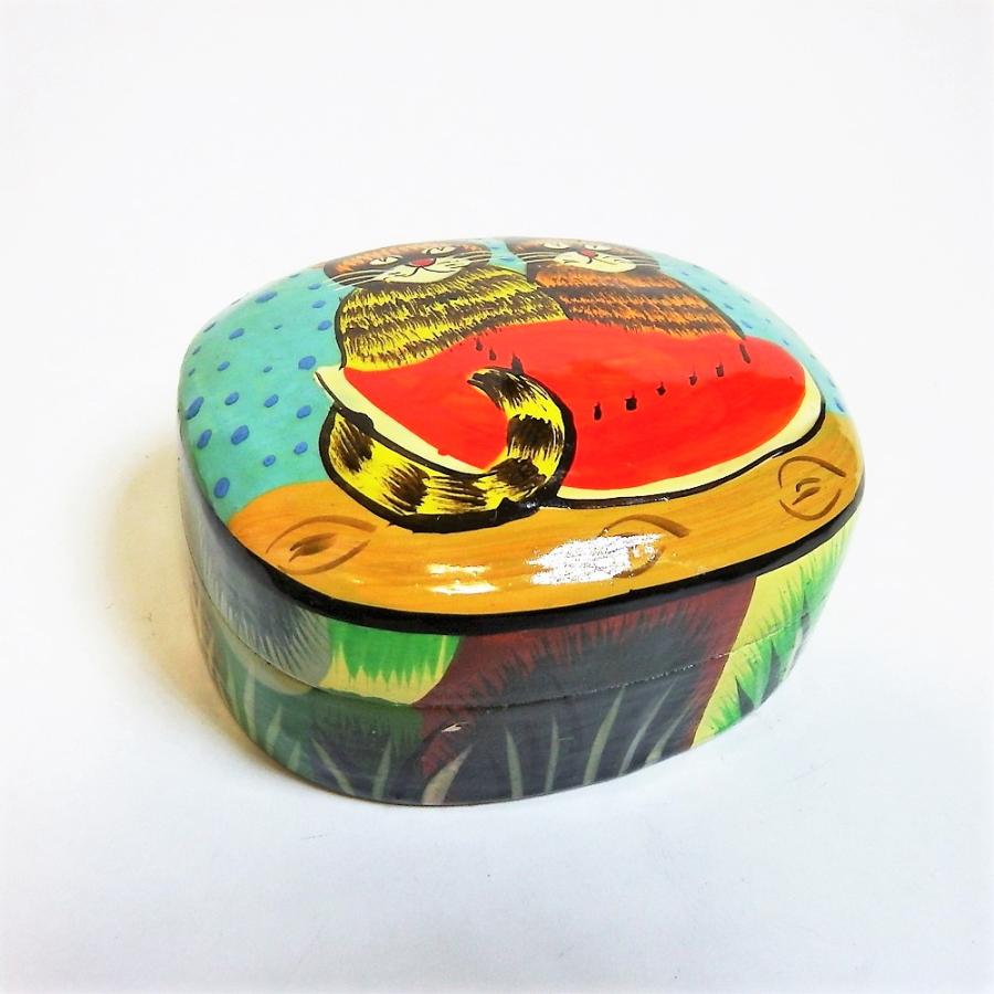 BOX ペーパーマッシュ ネコ 小物入れ 可愛い 西瓜と猫 インド 手作り Mサイズ |  | 01